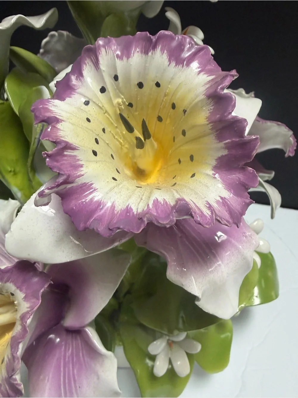 Vintage Capodimonte Italy Porcelain Pink Orchid Floral Arrangement 13”